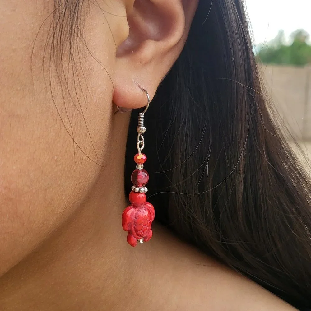 Malak Jewelry Women's Red Ceramic Turtle Dangle Earrings Handmade‎ Silver Plated